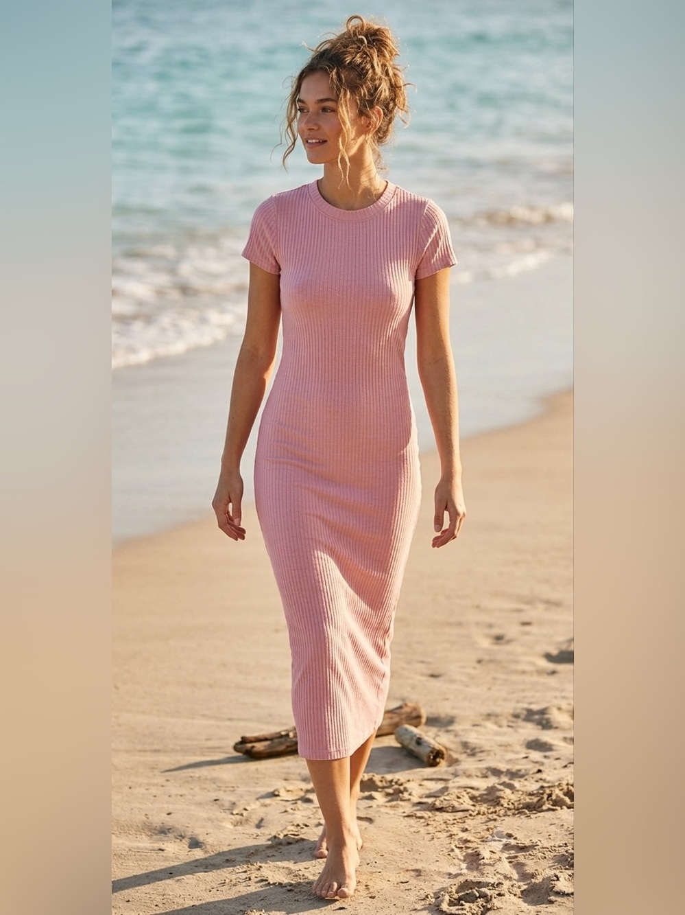 Free People FP Beach Ribbed Short-Sleeve Pink BodyCon Midi Dress
